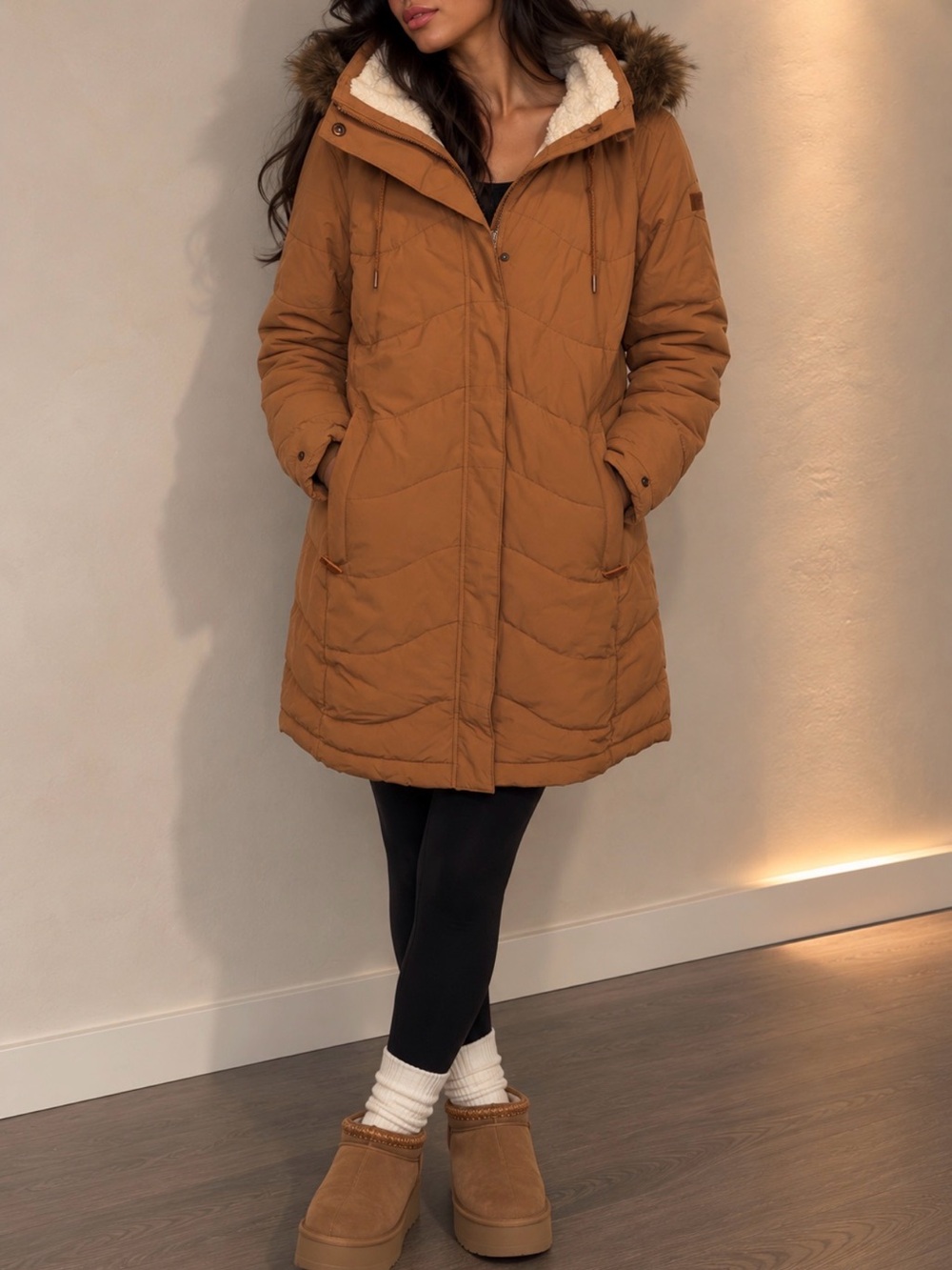Roxy Women's Tan Puffer Coat with Faux Fur Trim